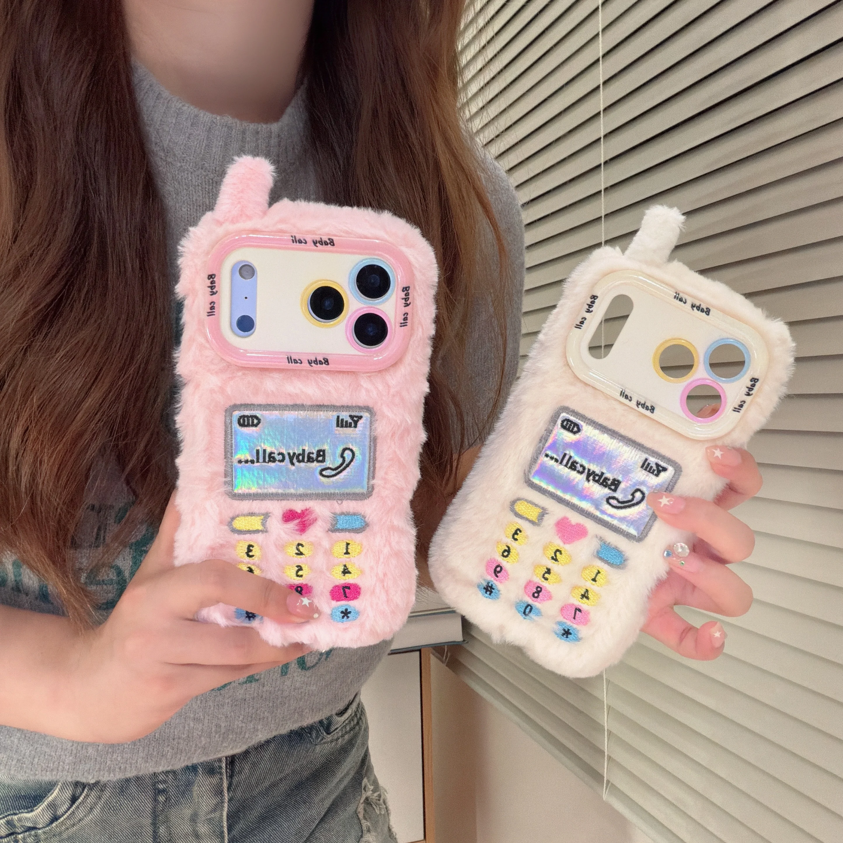 Cute 3D Retro Baby Call Plush Phone Case & Lens Kickstand Fluffy Fur Shockproof Cover for iPhone 11-17 Pro Max Winter Girly Gift