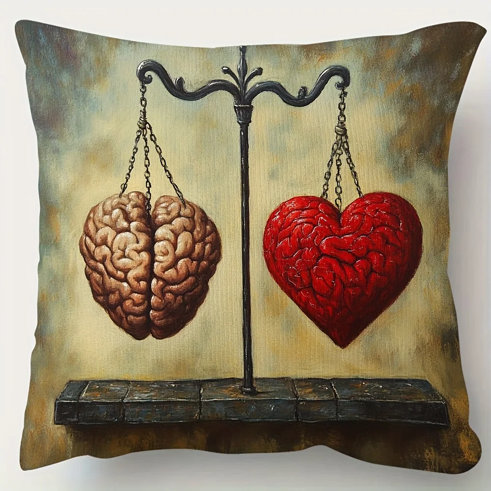 Heart and Brain Balance Scale Double-Sided Pillowcase, Artistic Mental Health Cushion Cover with Zipper, Washable Decor Case