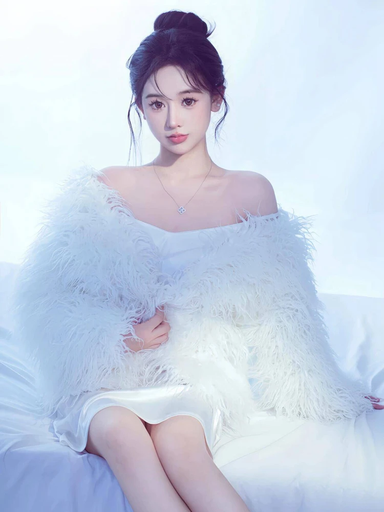 

White Fur Jacket Photography Costume Indoor Atmosphere Sensation Pure Desire Style Korean System for Girls Studio Photography