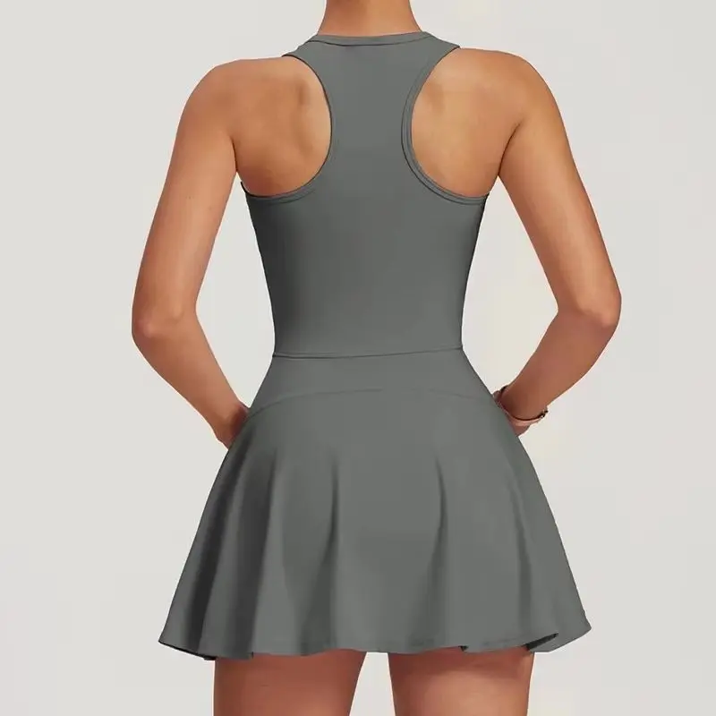

Women Short Tennis Skirts Zipper Yoga Jumpsuit Tracksuit Set Sport One Piece Sleeveless Short Skirts Female Gym Yoga Clothes