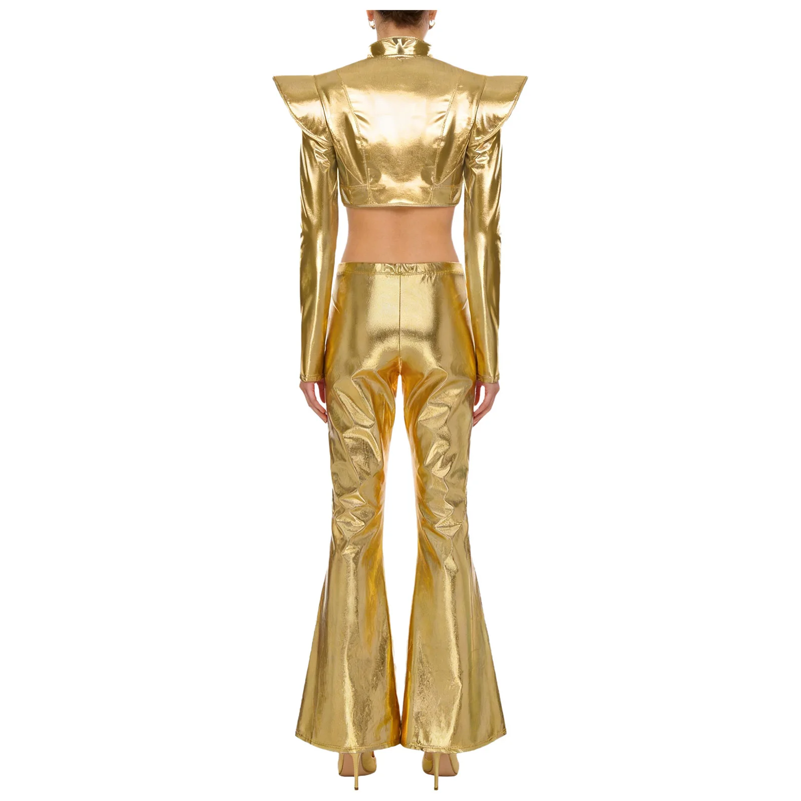 Womens Metallic Shiny Clubwear Outfits Long Sleeve Zipper Crop Top with Flared Pants for Halloween Rock Music Disco Rave Party