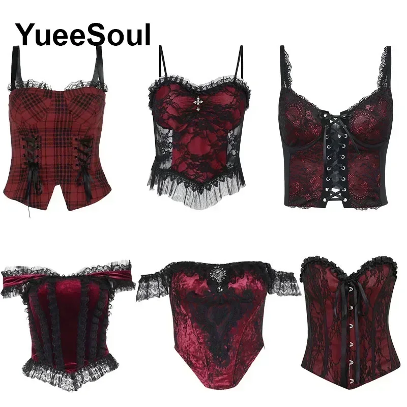 Gothic Lace Mesh Crop Tops สีดําสปาเก็ตตี้เซ็กซี่รัดตัว Tops Goth Punk Grunge Fairy Core ฮาโลวีน Y2K Aesthetic เสื้อผ้า