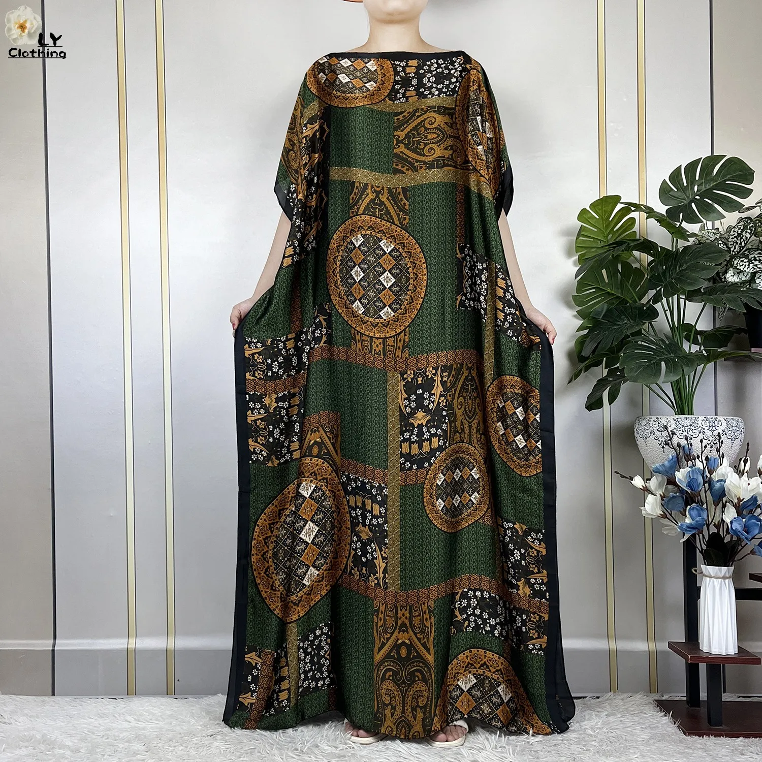 2023 New Dubai Style Fashion Women Clothing African Dashiki Abaya Soft Silk Print Design Islam Femme Loose Dress With Turban