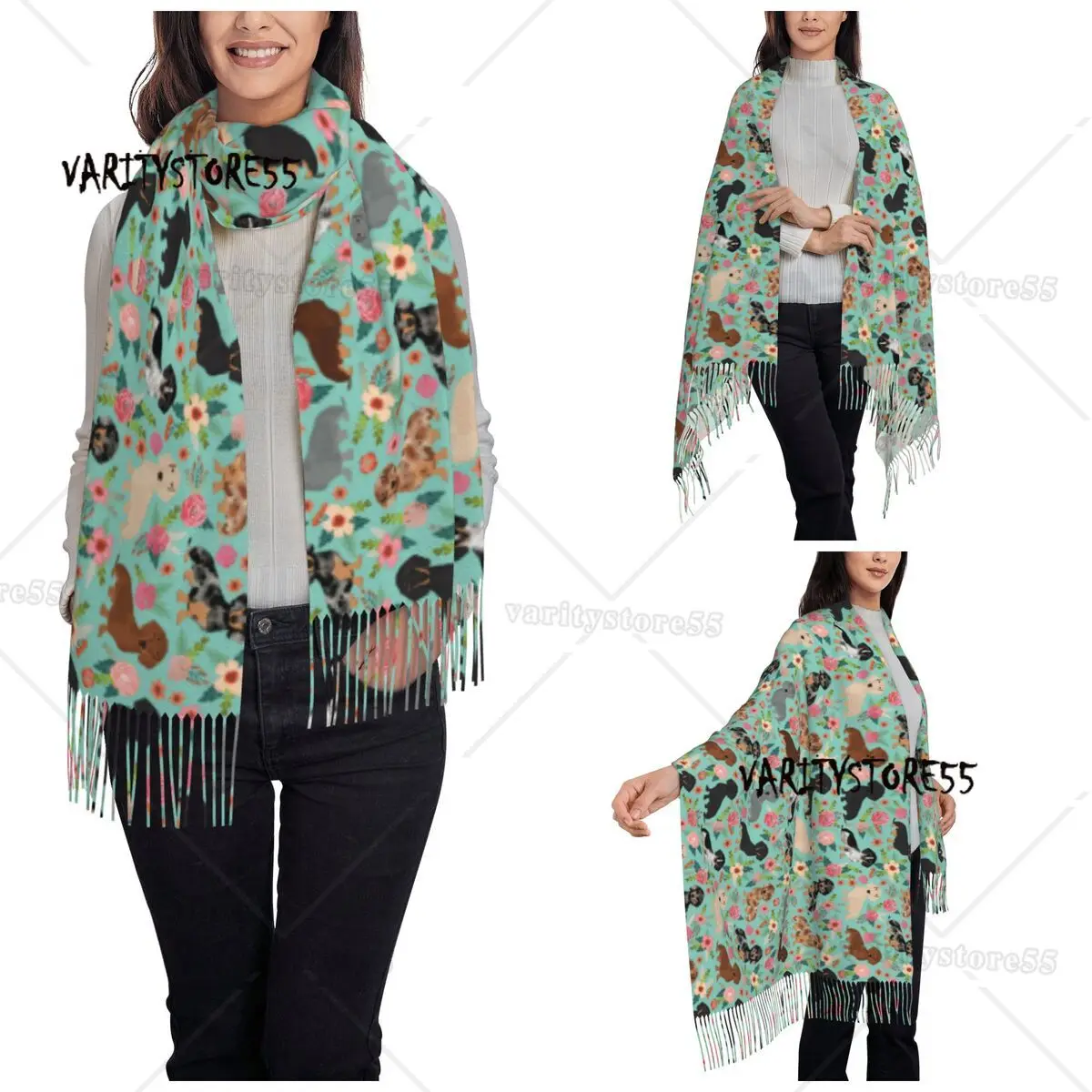 Dachshund Floral Vintage Scarf for Women Fall Winter Pashmina Shawl Wrap Animal Wiener Dog Long Large Shawl Scarf Ladies