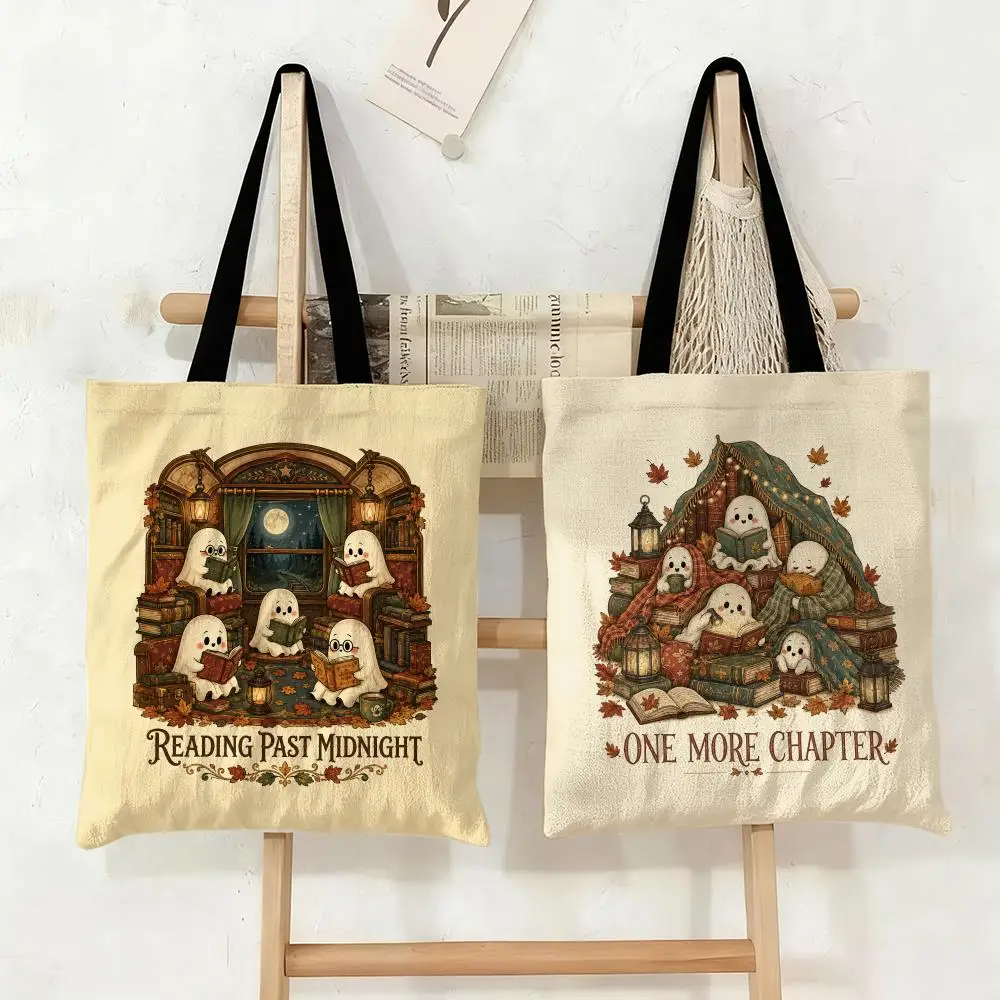 Cozy Ghost Readers Storage Bags Double-Sided Printed Canvas Tote Bag Eco-Friendly Reusable Large Capacity Handbag