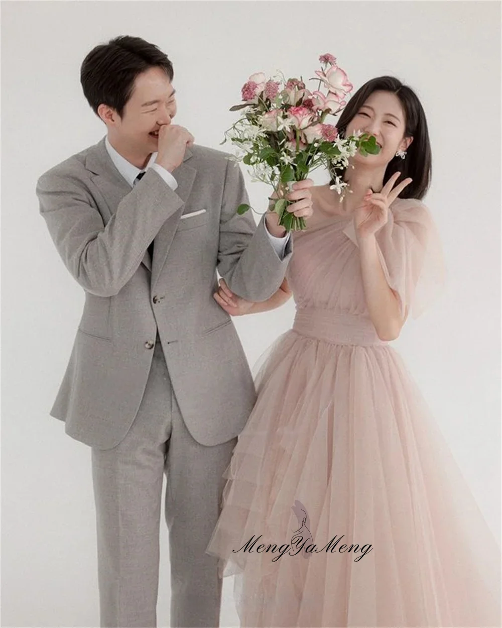 Fairy One Shoulder Bow Wedding Party Korea Photo Shoot Dress Tulle Pleat Floor Length Corset Formal Evening Dress Customized