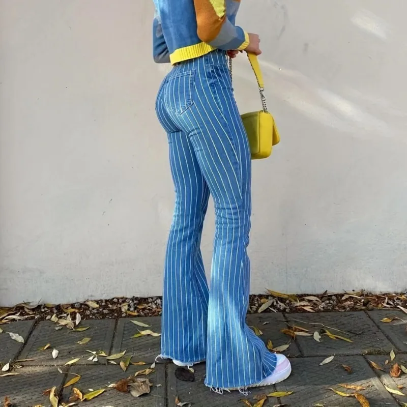 

90s High Waist Striped Fashion Flare Pants for Women Summer Streetwear Ladies Boot Cut Trousers Harajuku Skinny Denim Pants Y2k