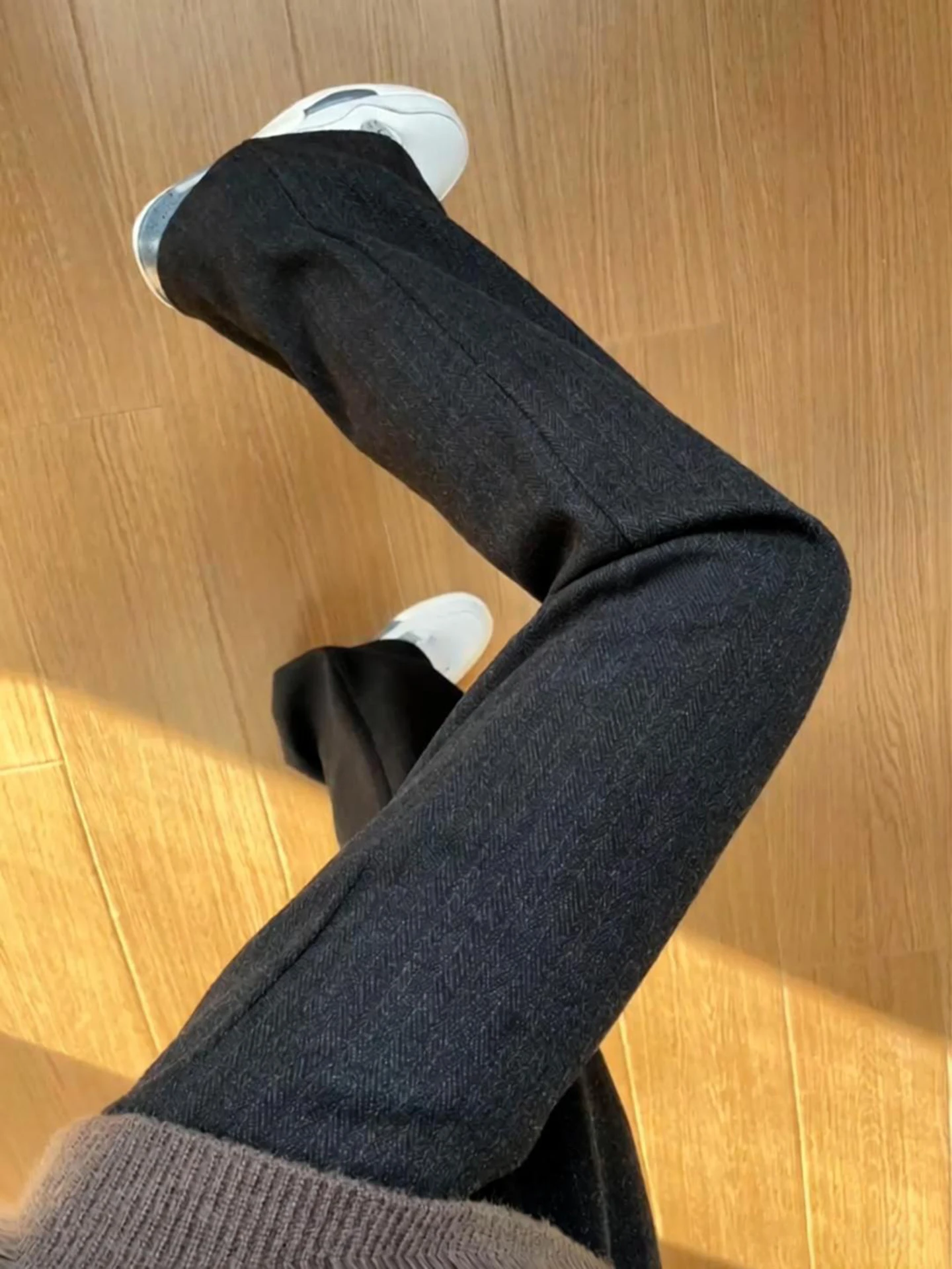 

Bla Woolen Trousers Men's Autumn Winter Loose Preppy Sle Pants Drapey Fce Lined Thi Casual Wide Leg Trousers