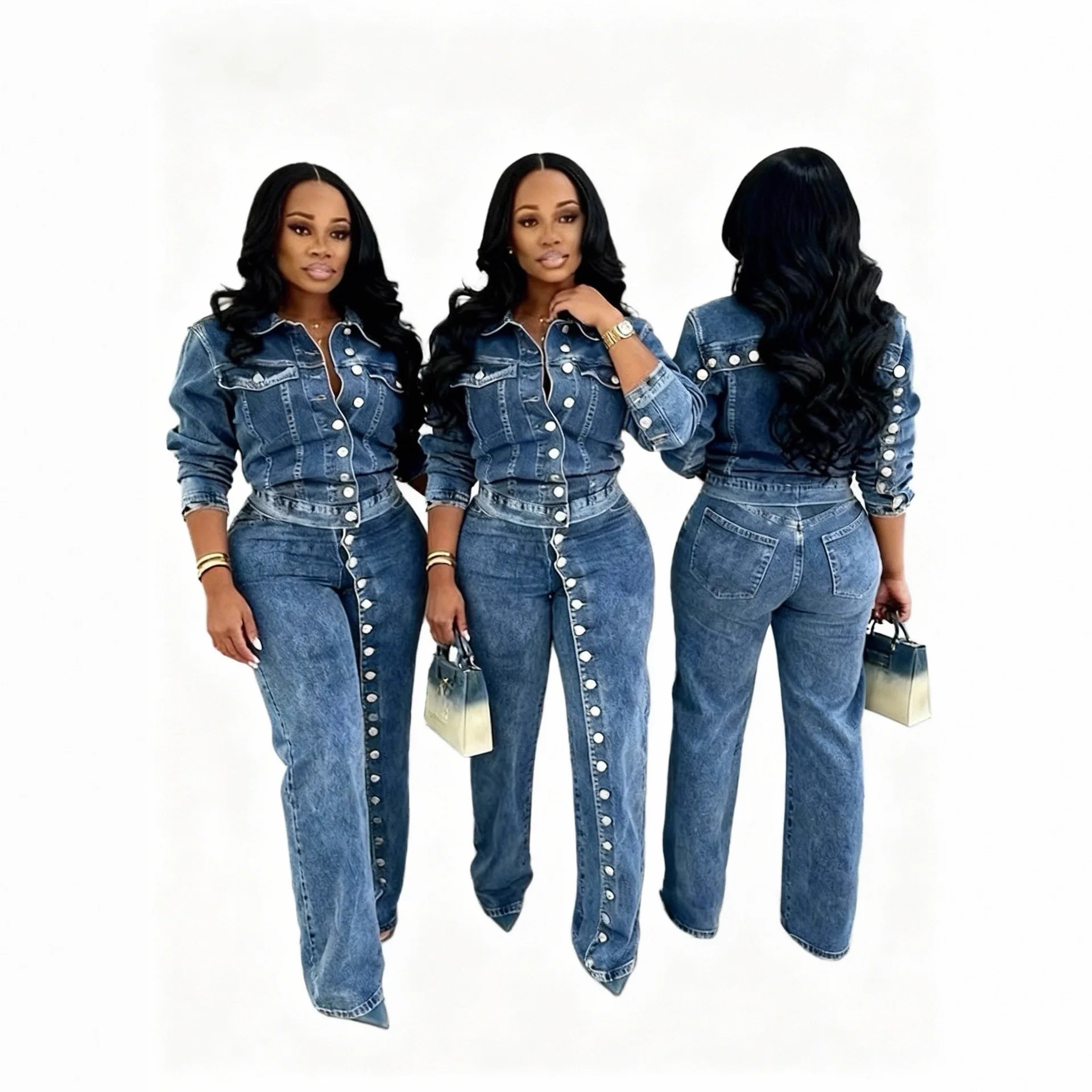 Jeans Suit Women Denim 2 Piece Set Coat Straight Pants Single Breasted Jacket Trousers Outfits Streetwear Ensemble Summer 2026