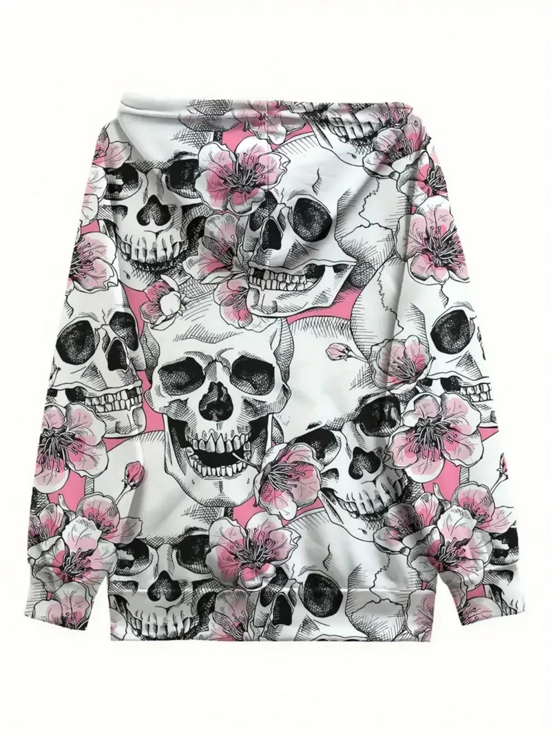 Women's Fashionable and Elegant Halloween Skull and Flower Print Hooded Zipper Jacket - Perfect for Party Wear