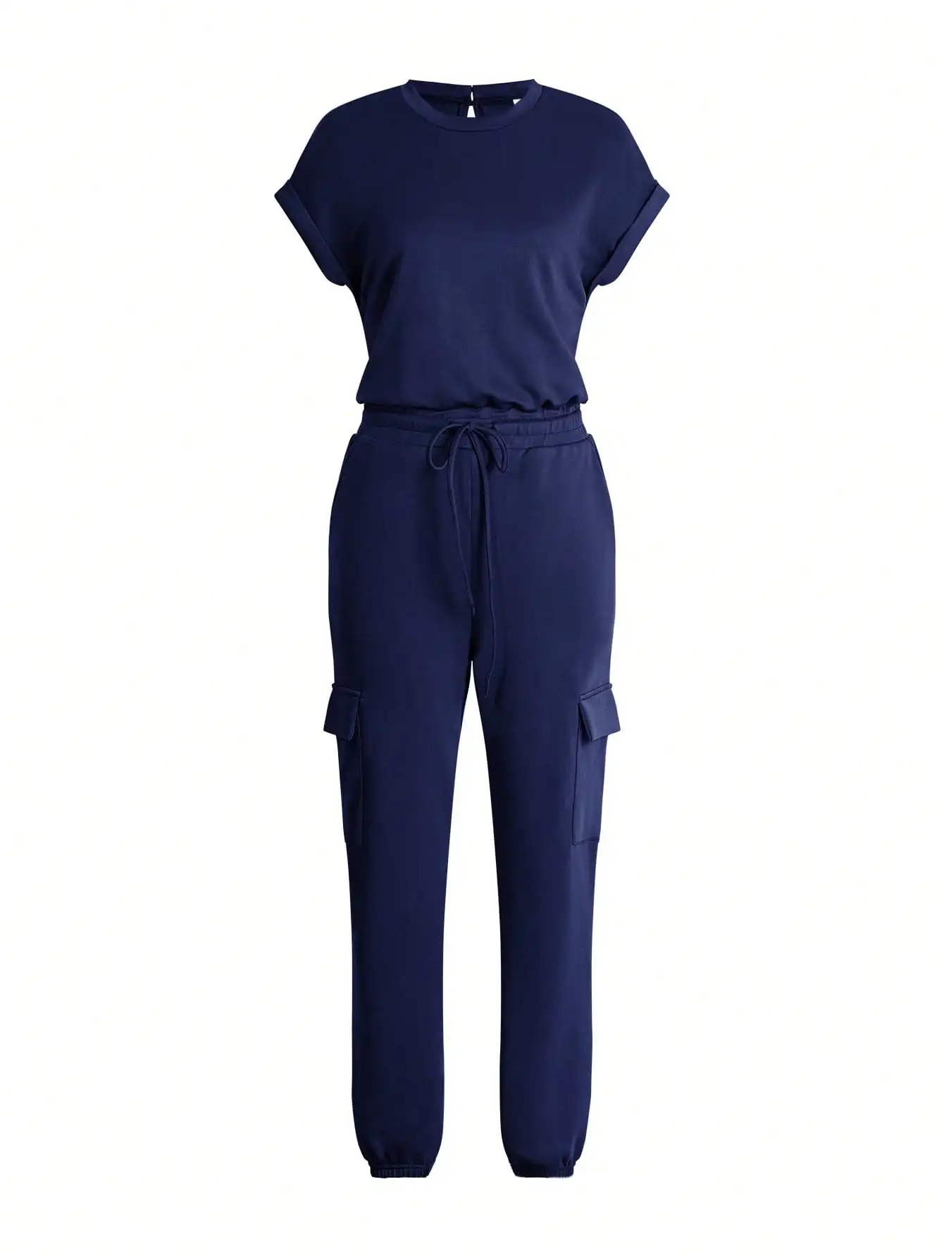 BWQ Tuta da donna casual con coulisse a maniche corte con scollo tondo, estiva