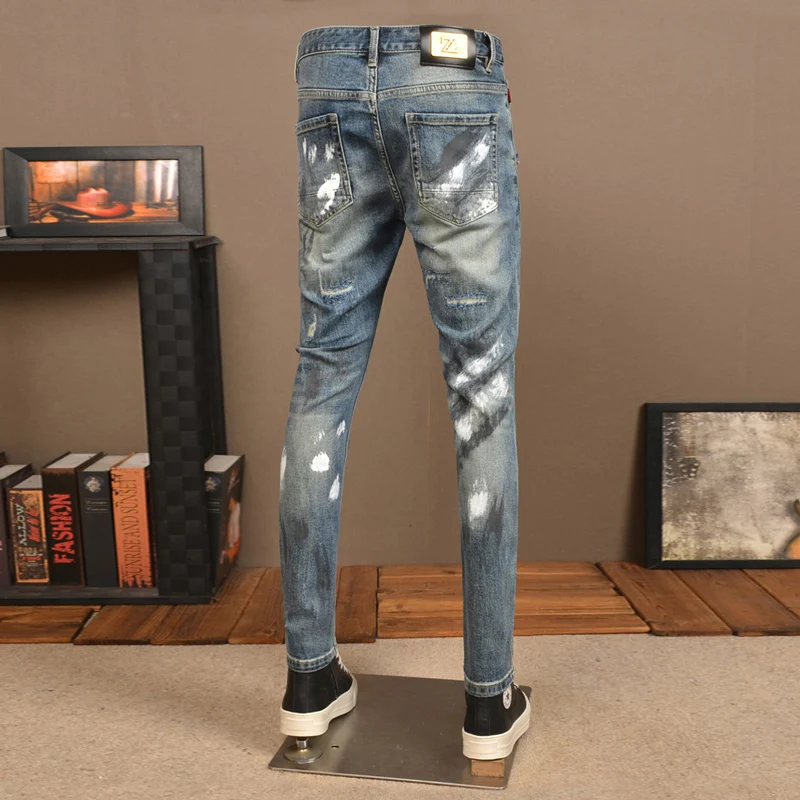 Y2kstreet-pantalones vaqueros de moda para hombre, Vaqueros elásticos pintados, ajustados, color azul lavado, estilo hip-hop, retro, para hombre