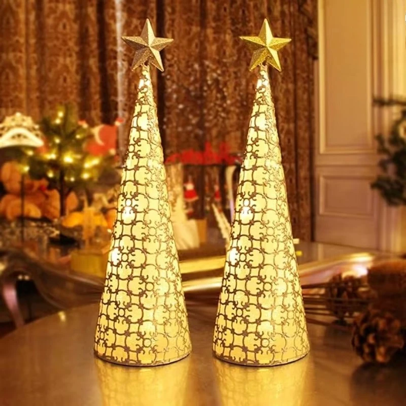 Vintage European Christmas Tree Metal Candle Holder Tea Light Cup Tabletop Holiday Home Party Decoration Accessories Elegant Set