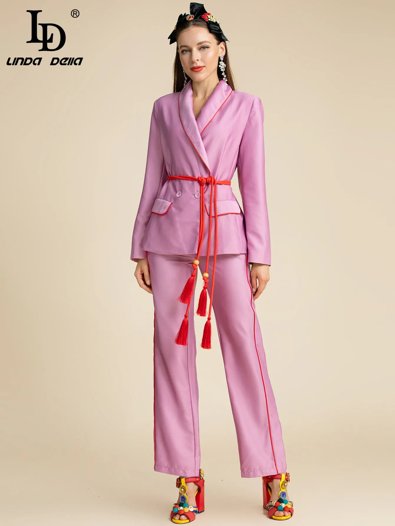 LD LINDA DELLA Fashion Designer Autumn Purple Pants Suit Women\'s Slim Long sleeve Belted Blazer and Pants Two Pieces Sets