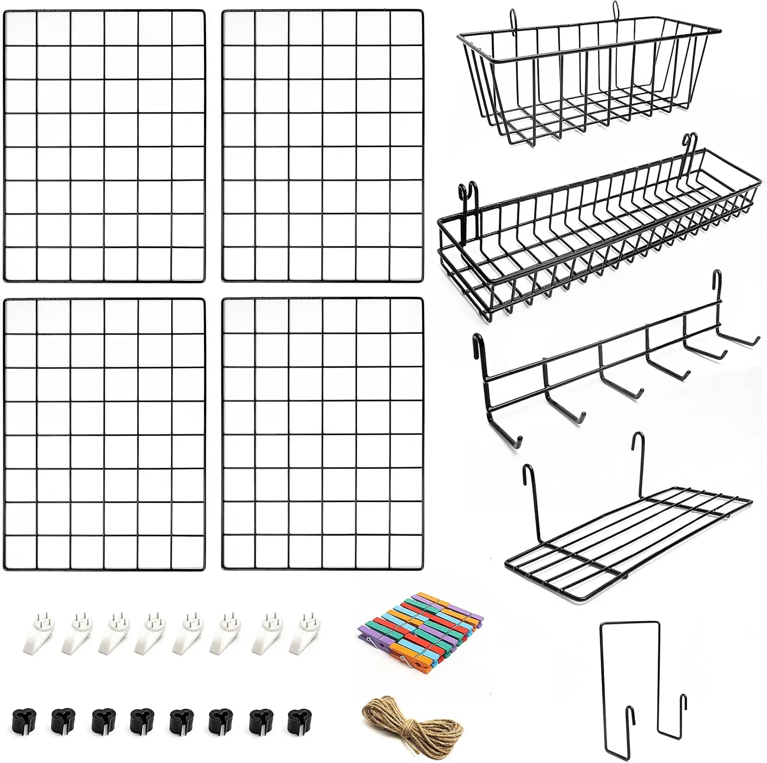 

4-Pack Wire Wall Grid Panel with Hanging Baskets, Shelf & Hook Rack | Home Office Kitchen Decor