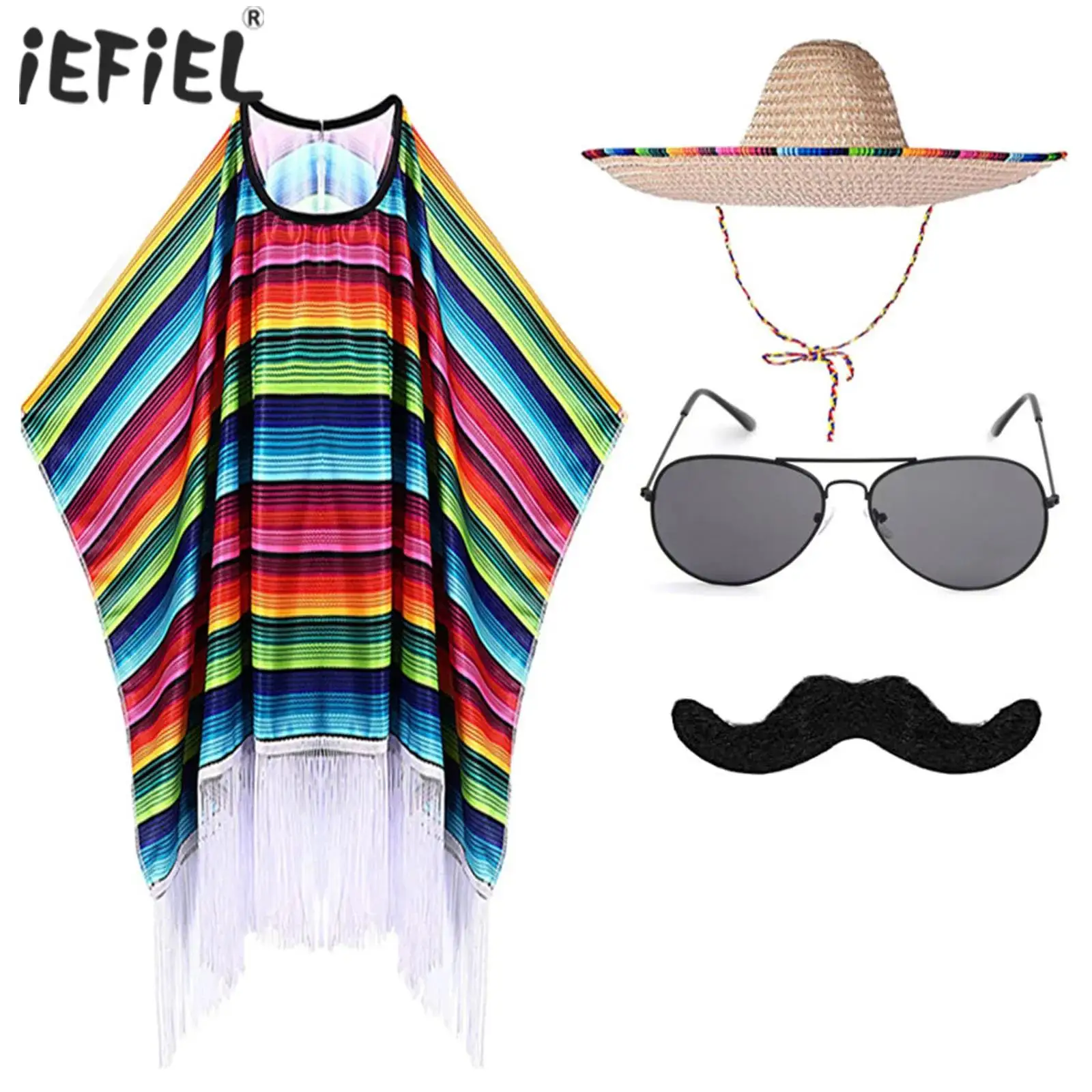 4Pcs Adult Colorfu; Cosplay Costume Cloak Poncho Sombrero Hat Sunglasses And Mustache Mexican Fiesta Halloween Carnival Costume