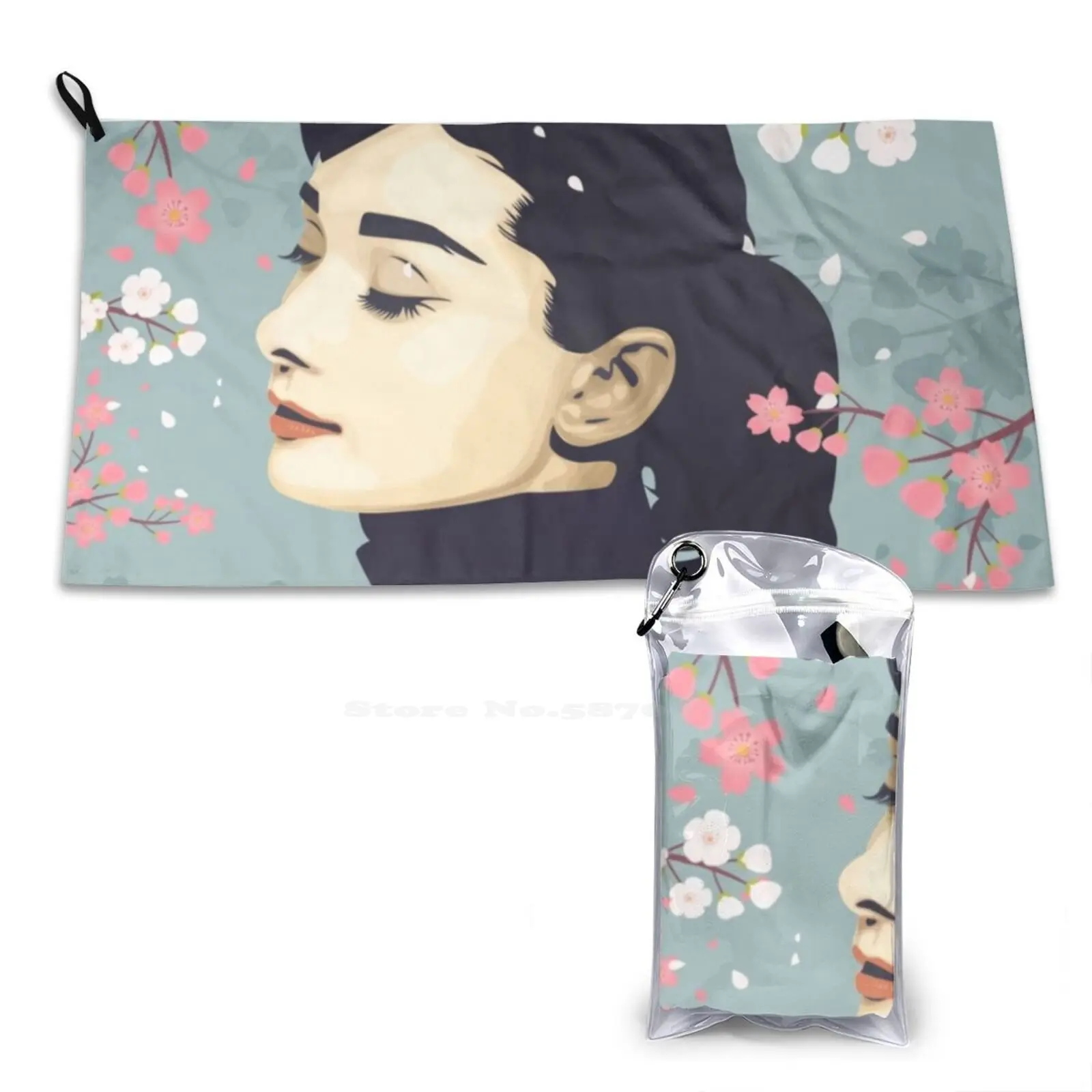 Bloom-女性用ビーチタオル,速乾性,ソフトヘップバーン,女神美容,かわいい顔,美しいイラスト,ヴィンテージポートレート