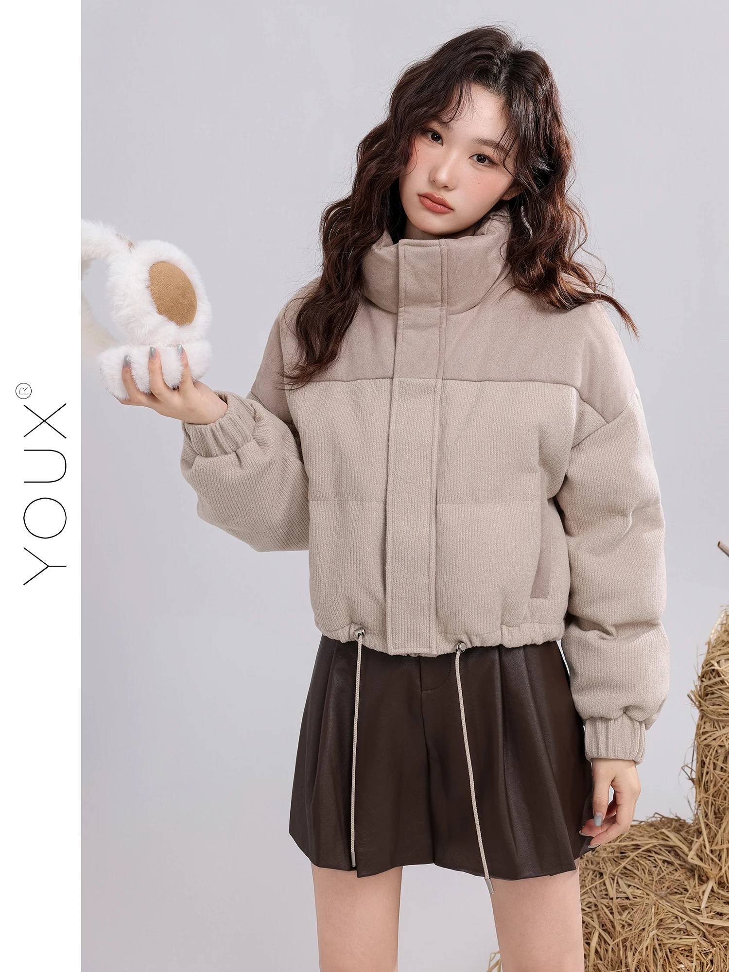 

Retro Sle ort Patchwork Stand Collar down Jaet Women's Loose Casual Winter New Arrival Filling White Du Feather