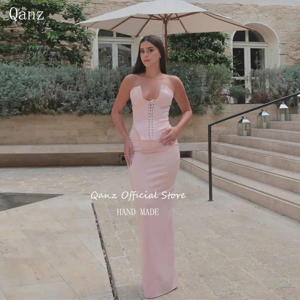 Qanz Modern Pink Satin Evening Dresses Mermaid 2 Pieces Backless Wedding Dress Guest Women Sleeveless Robe De Soirée Customized