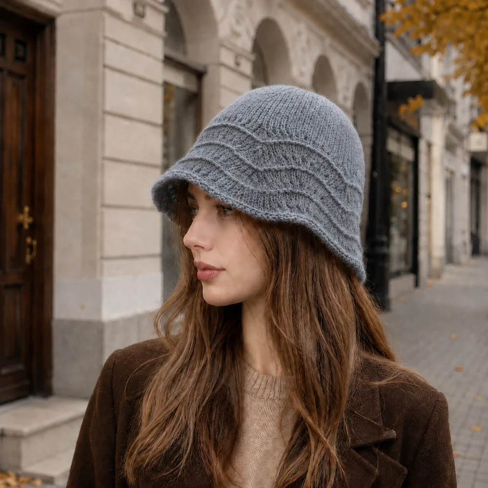 Wavy Openwork Knit Bucket Hat for Women, Soft Fuzzy Cloche Cap, Warm Elegant Autumn Winter Fashion Hat