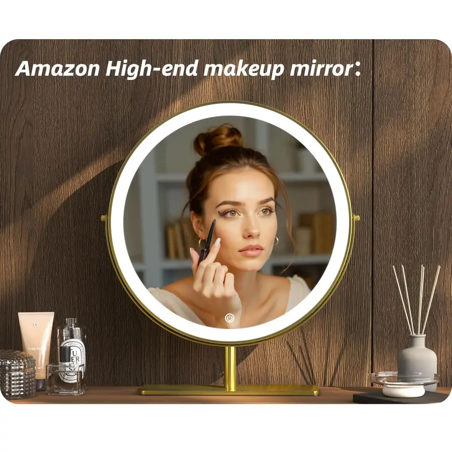 Espejo de maquillaje con soporte, espejo de tocador redondo 15,8, luces LED, rotación Smart Touch 360, regulable blanco dorado