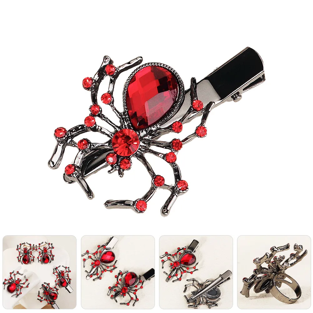 1Set Halloween Spider Jewelry Set Spider Ring Earrings Hair Clip Rhinestone Spooky Party Favor Costume Decoration Set