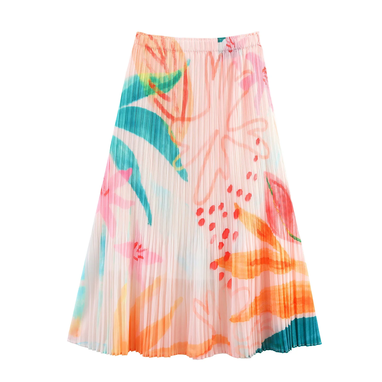 Willshela Women Fashion Printed Large Swing Pleated Midi A-Line Skirt Elastic Waist Female Chic Lady Casual Long Loose Skirt