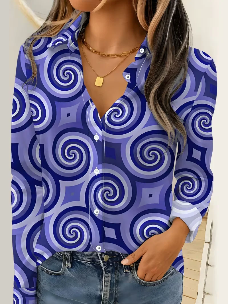 Autumn Abstract Pattern Print Blouse Ladies Long Sleeve Button Laple Loose Shirt Tops Casual Fashion Spring Women's Clothing New