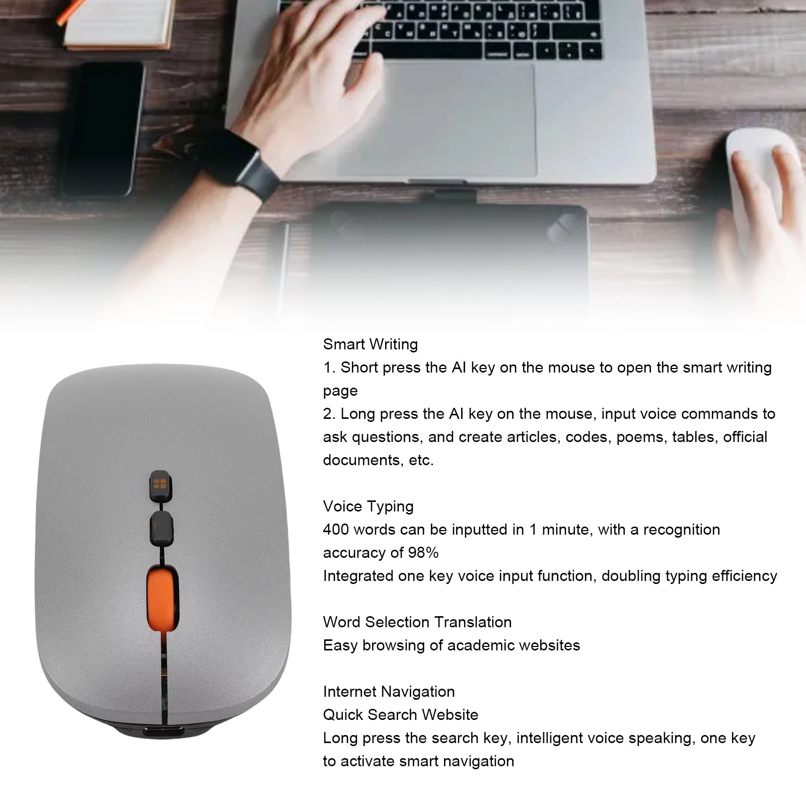AI Mouse Smart Writing Voice Typing Translation  Rechargeable Voice Control Mouse Translation Mouse Voice Typing Mouse
