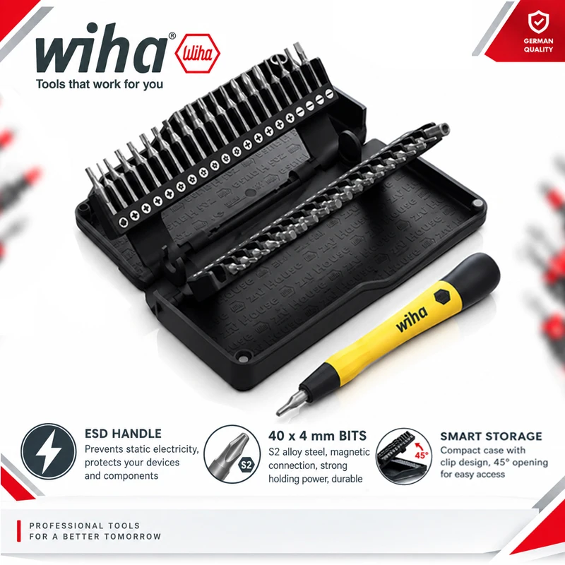 WIHA 44624 ESD Anti-Static 40-in-1 Precision Screwdriver Set, S2 Alloy Steel 4mm Magnetic Bits Electronic Digital Repair Kit
