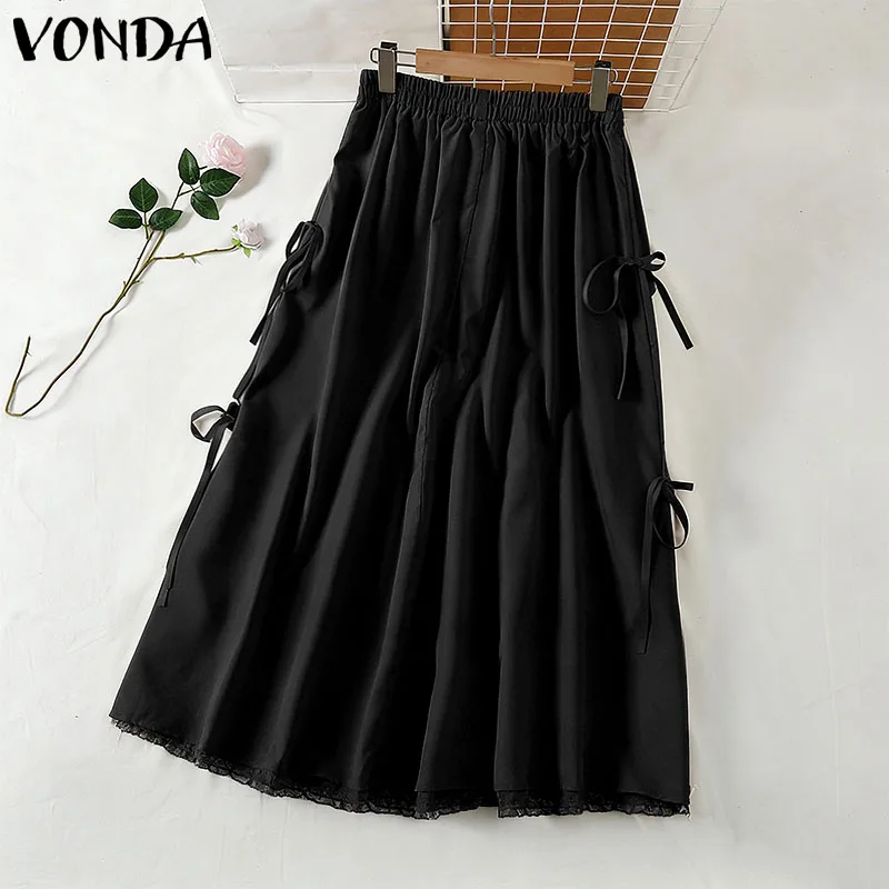 Plus Size 5XL VONDA Women Elegant Bow Ruffled Maxi Skirts Fashion High Waist Pleated Long Skirts Elastic Waist Jupes Faldas Saia - view 5
