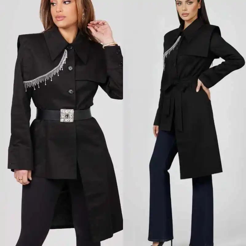 

Fashion Women Suits 1 Pieces Blazer Single Breasted Peaked Lapel Tassel With Belt Casual Occasion Banquet Customized