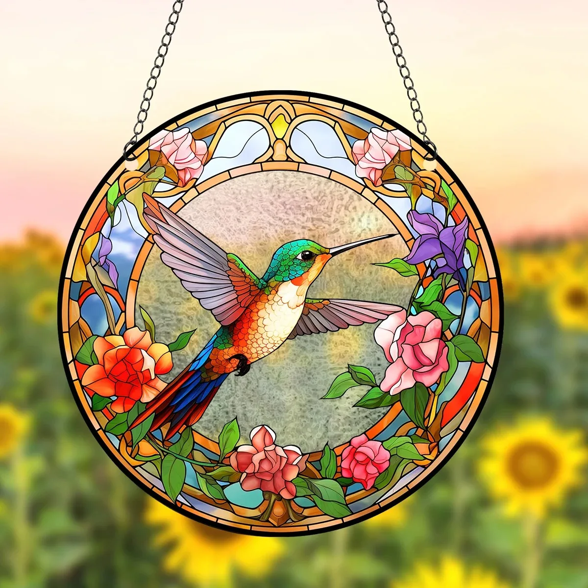 Acrylic Pattern Hummingbird Stained Window Hangings Colorful Flower Suncatchers for Windows Birds Window Hangings with Chain