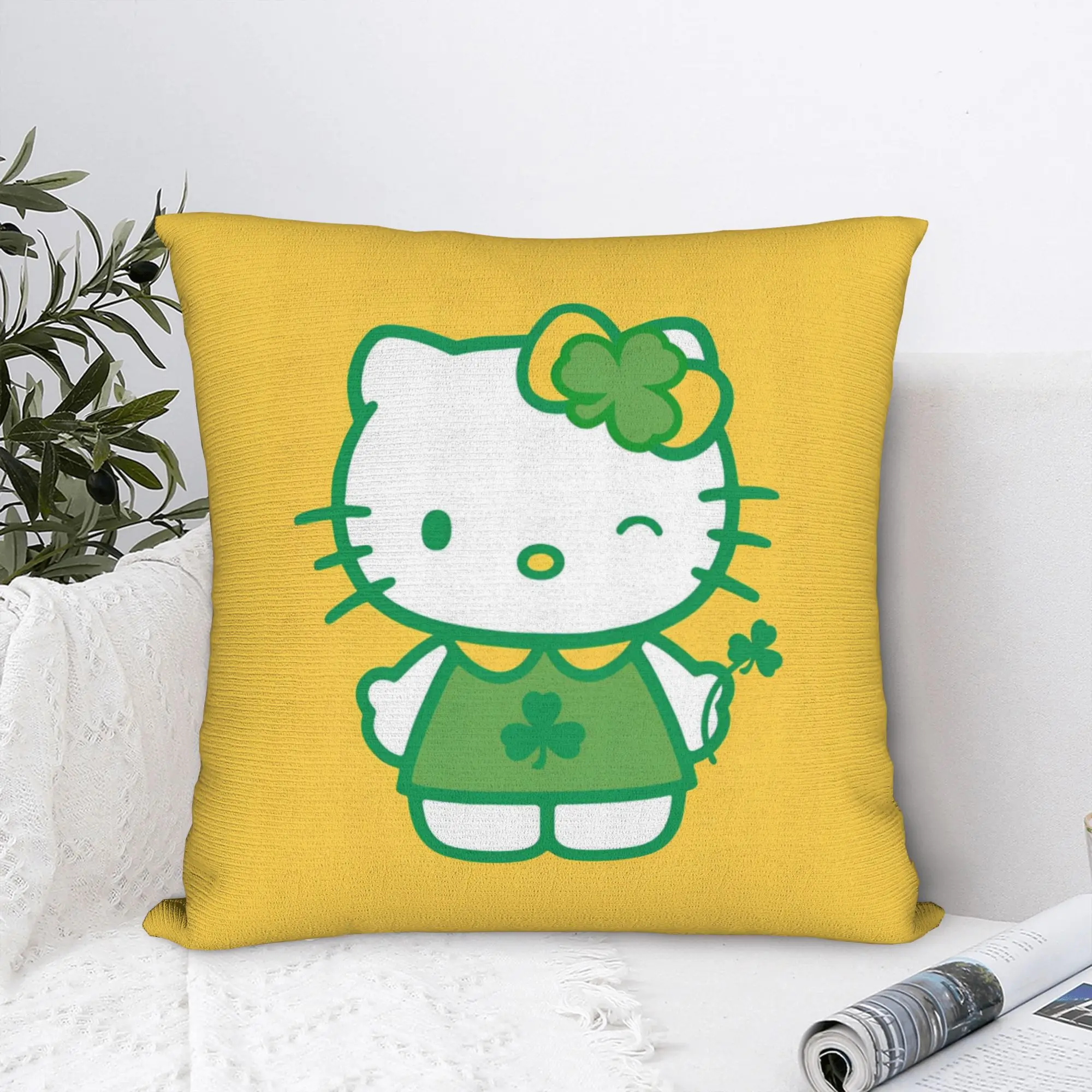 

Hello Kitty Shamrock Square Pillow Cases Cushion Covers Vintage Zipper Decorative Pillowcase for Car 40x40cm