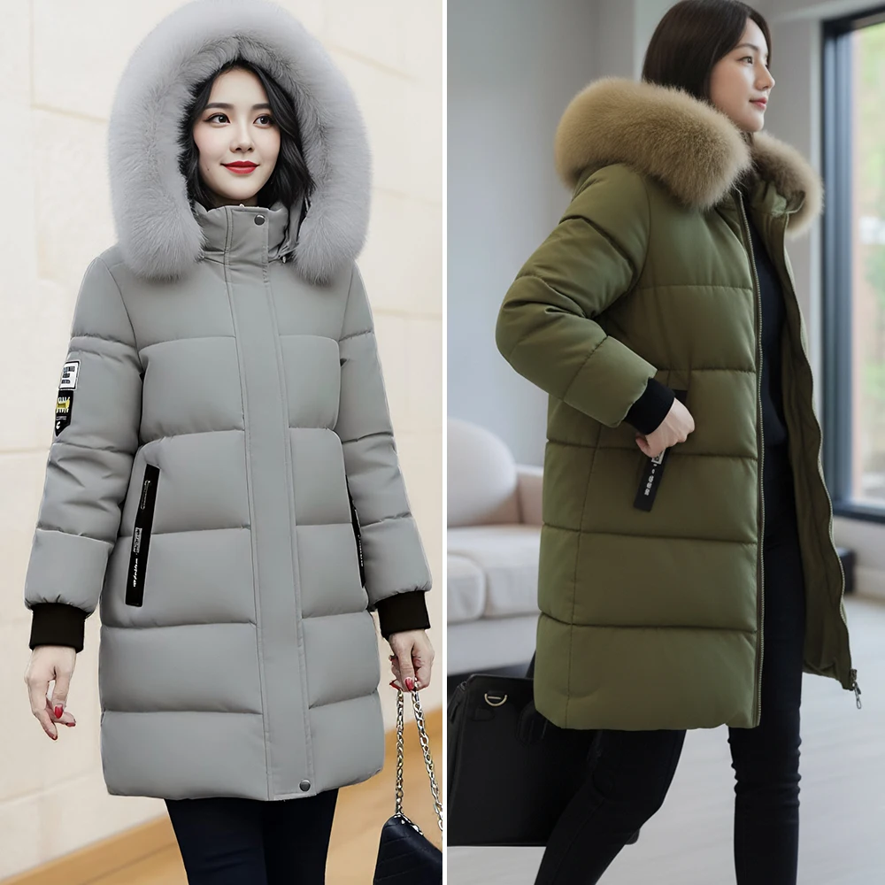 Women's Coats 2025 Winter Essential Plain Quilted Design Long Sleeve Hooded Faux Fur Trim Street Style Coats
