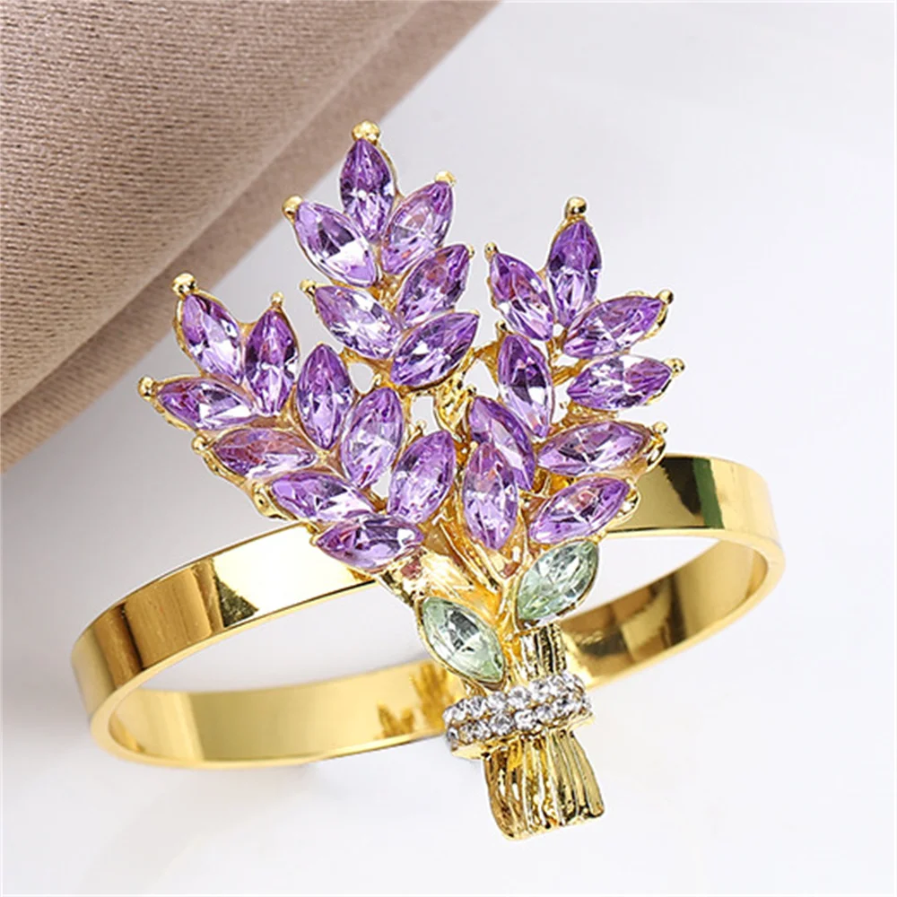 Lavender Shaped Napkin Rings, Zinc Alloy Inlaid Purple Crystals Elegant Table Decoration For Dinner Wedding Party Setting