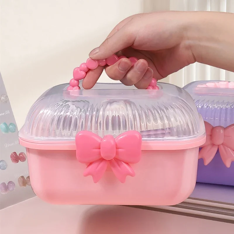 1Pc Double Layer Bow Plastic Nail Brush Tie Hairpin Storage Jewelry Children's Hair Accessories Organizer Portable Nail Tool Box