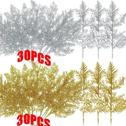 30/5Pcs Christmas Glitter Gold Silver Leaves Xmas Tree Decoration Pendant Artificial Plants Pine Branches Home New Year Ornament