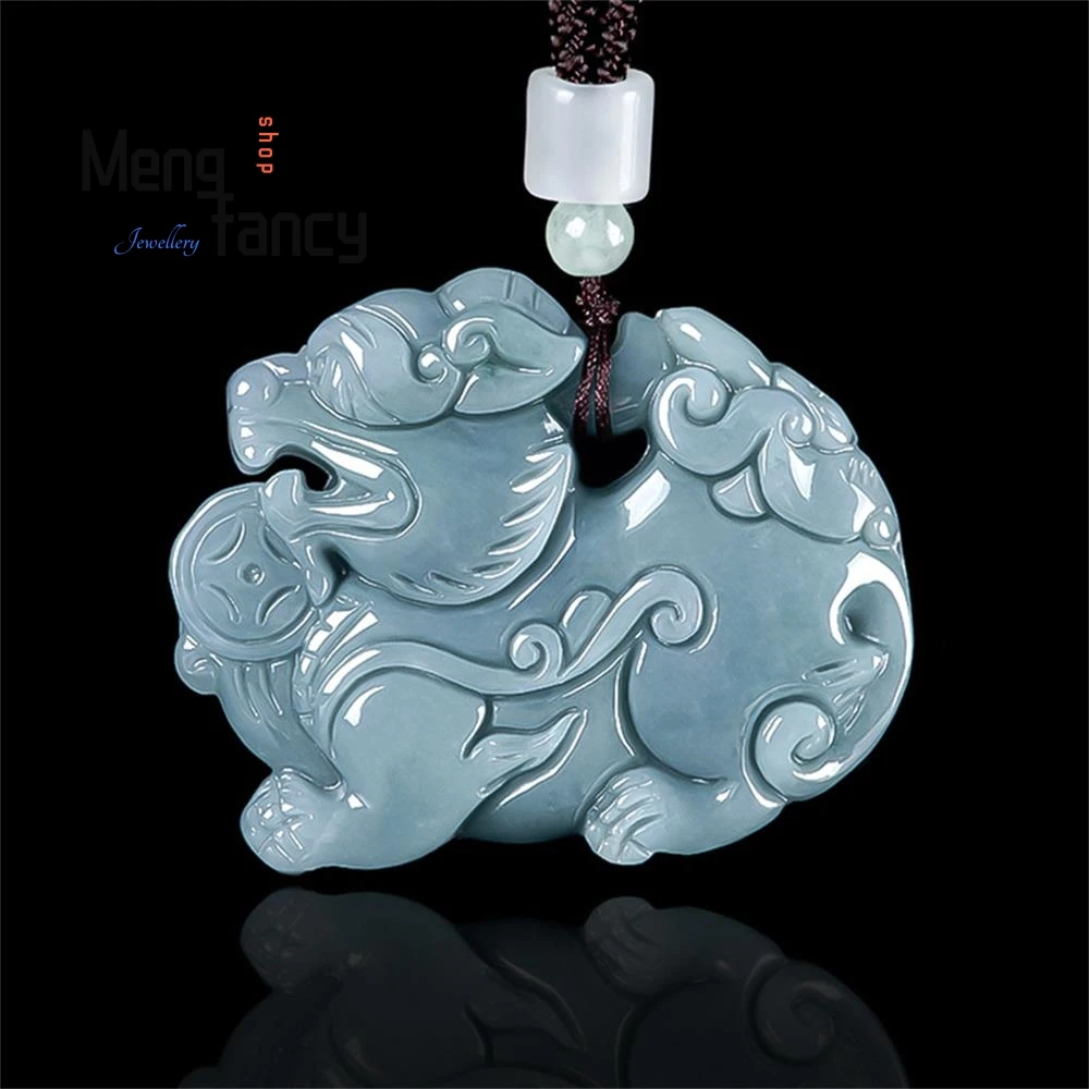 

Natural A-goods Jadeite Blue Water Three-dimensional Money Through The Wealth Pixiu Ice Jade Pendant Fashion Fine Jewelry Mascot