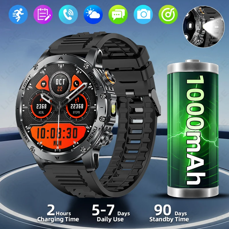 

LIGE New Smart Watch Men 1000mAh Large Battery Outdoor LED Flashlight Bluetooth Call Waterproof Sport Health Fitness Smartwatch