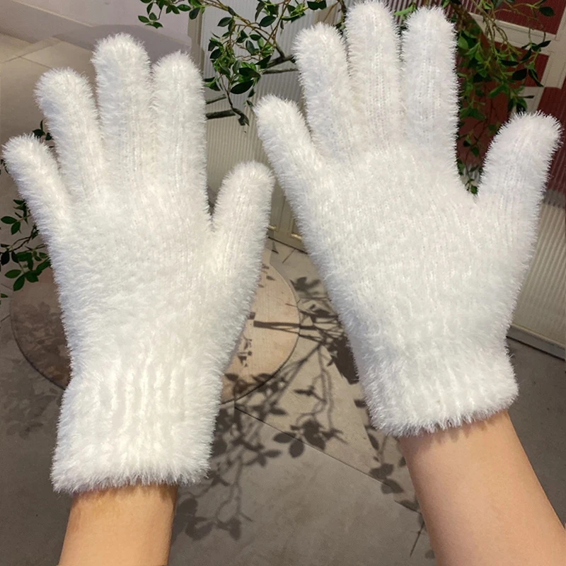 

Women Winter Keep Warm Plus Cashmere Touchscreen Solid Elasticity Soft Full Fingers Mittens Gloves Imitation Rabbit Fur Knitted