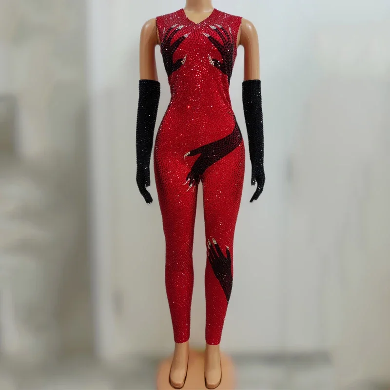 Glänzend Rot Schwarz Strass Overall Handschuhe Frauen Halloween Nachtclub Ds Dj Drag Queen Kostüm Gogo Pole Dance Kleidung SL7239