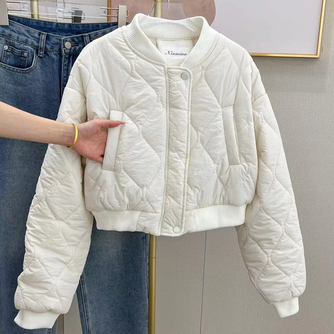 

Korean Style Short Women's Cotton Jacket Baseball Design Diamond Pattern Autumn Winter Thickened Long Sleeve round Neck Coat