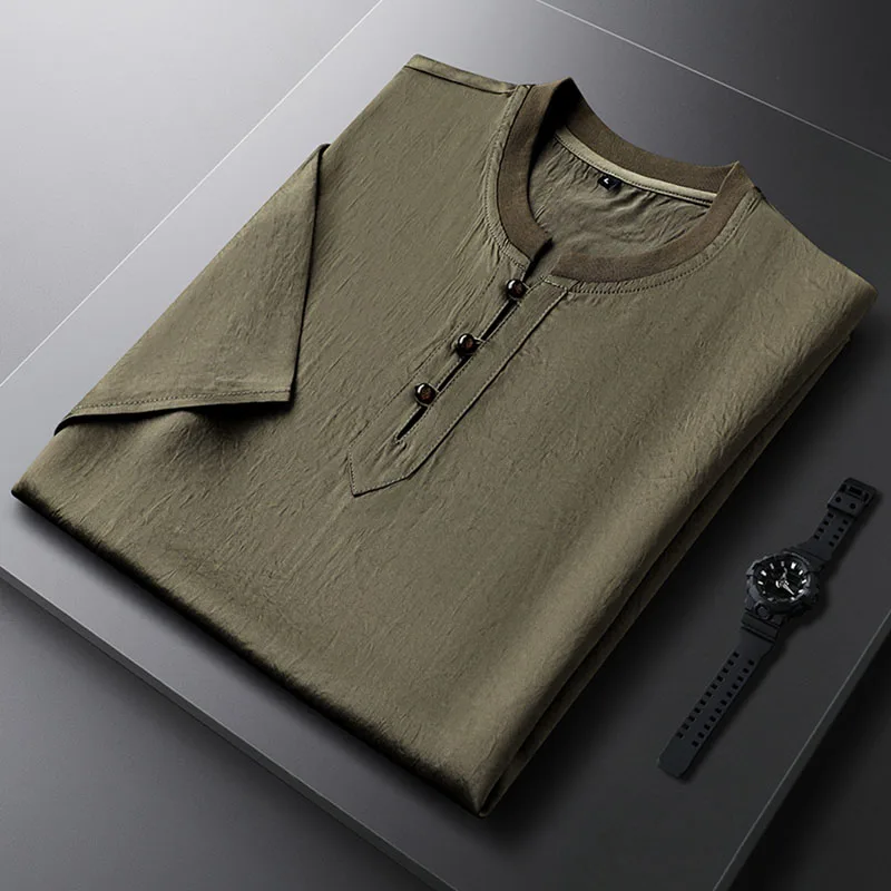 

Коричневая повседневная спортивная футболка с круглым воротником и пуговицами для мужчин, летняя тонкая мужская дышащая одежда с короткими рукавами, модная