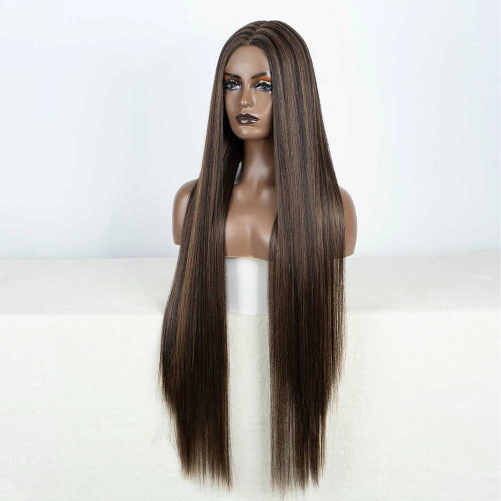 Synthetic Lace Front Wigs Long Straight Lace WIg 38Inch Highlight Brown Blonde Black Wig For Women  Synthetic Heat Resistant Wig
