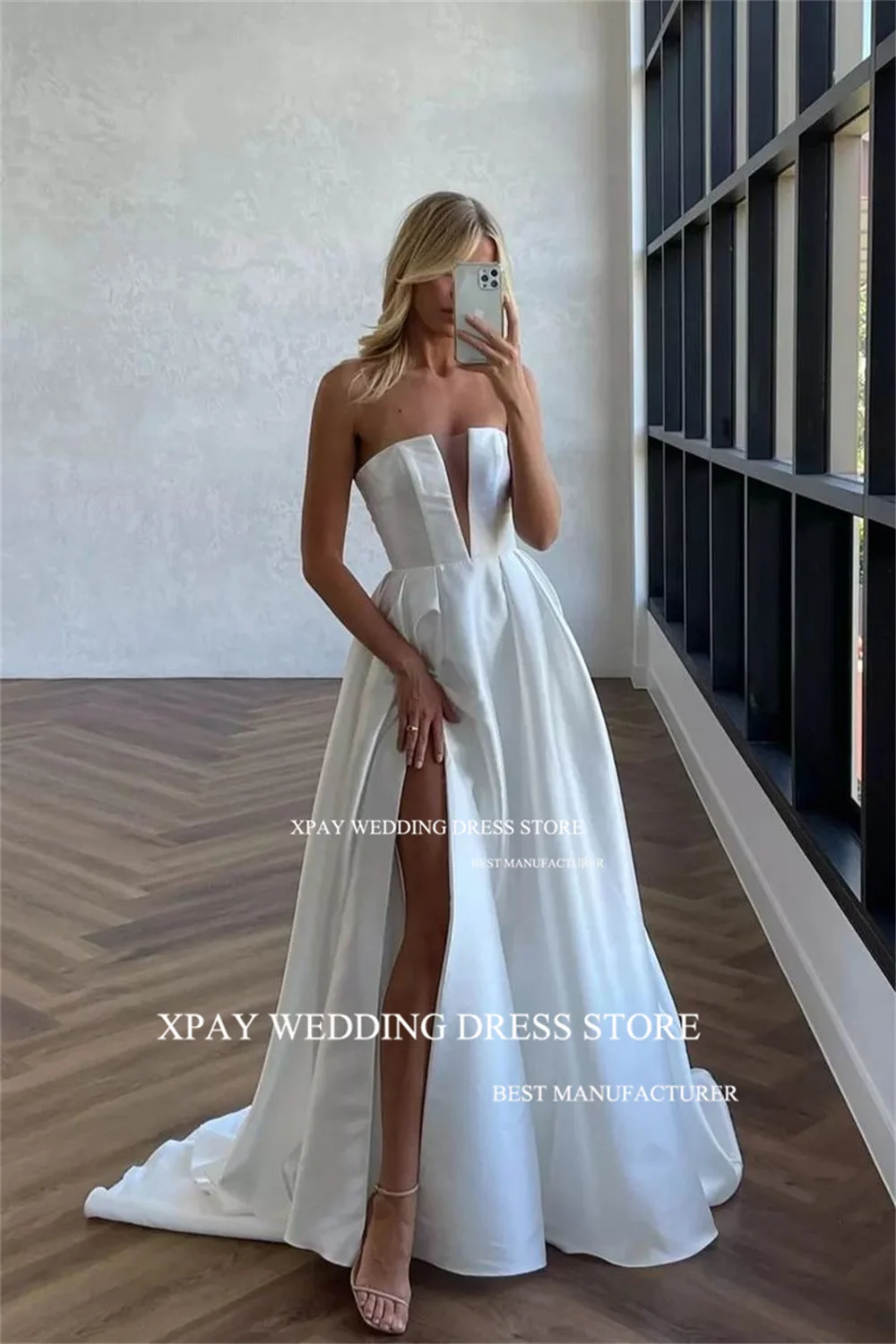 XPAY Sexy Deep V Neck Satin Wedding Dresses Draped Strapless High Split Bride Gown Customised Strapless A Line Beach Bridal Gown