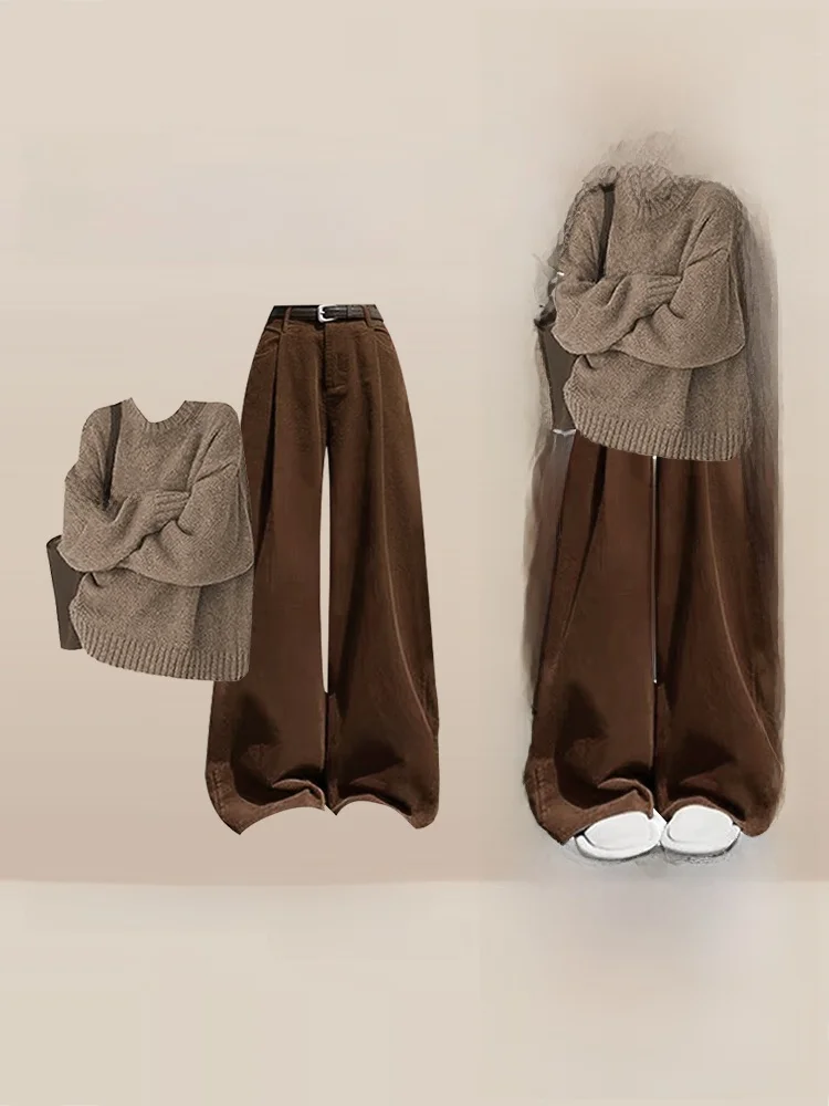 

Retro Knitted Sweater High Waist Wide Leg Pants Women's Autumn Winter Casual Sle Two Piece Set Simple Design Comfortable Fit