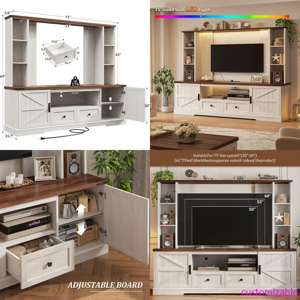 مركز ترفيه كبير مثبت على الحائط على طراز المزرعة مع إضاءة LED ومنافذ طاقة لـ 60 تلفزيونًا #1