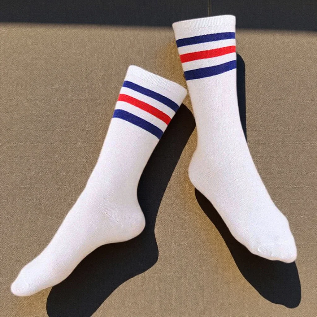 

Pair of Long Socks Knee High Stockings 3 Blue Red Bars Breathable Cotton Socks Size S Elastic Comfortable for Sports
