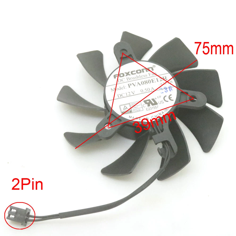 PVA080E12R DC 12V 0.50A 75mm 39mm 2Pin VGA Fan For HP GTX 1650 GTX1650 Graphics Card Cooler Cooling Fan
